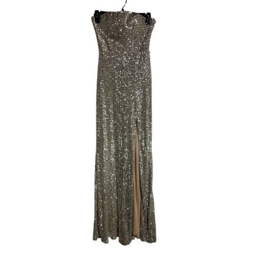 Lulus Lavish Lover Strapless Sequin Stretch Maxi Dress Silver/Gold XS